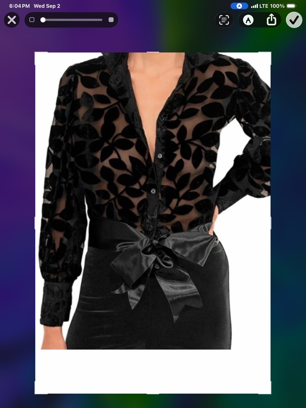 Gretchen Scott Designs Black Sheer Velvet Lux Leaf Button-Up Blouse
